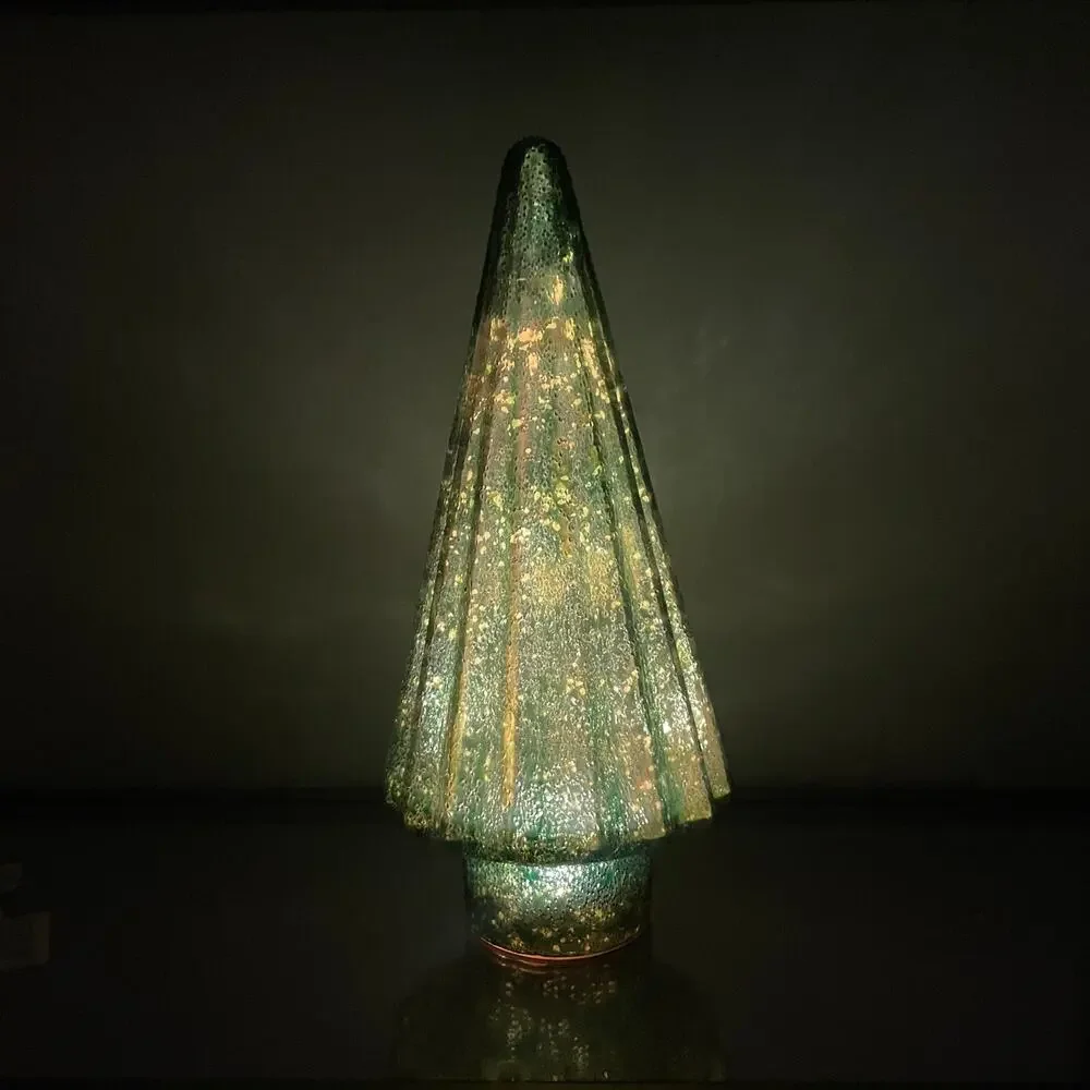 Illuminated Glass Christmas Tree 14.5in Iridescent GREEN Chic Holiday Decor New